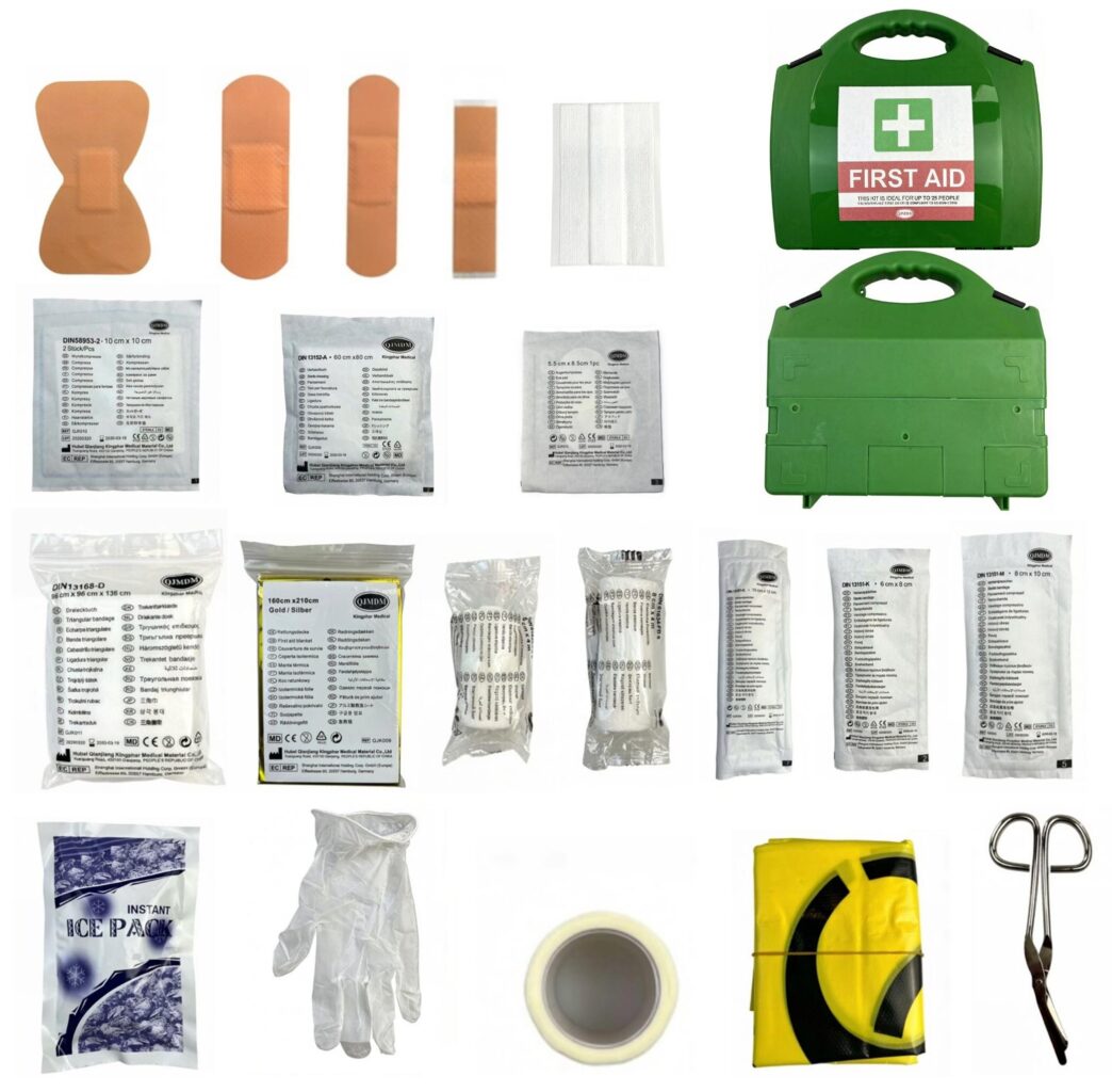 A first aid kit contents diagram showing assorted bandages, medical dressings, gloves, a green first aid bag, gauze supplies, antiseptic wipes, and scissors.