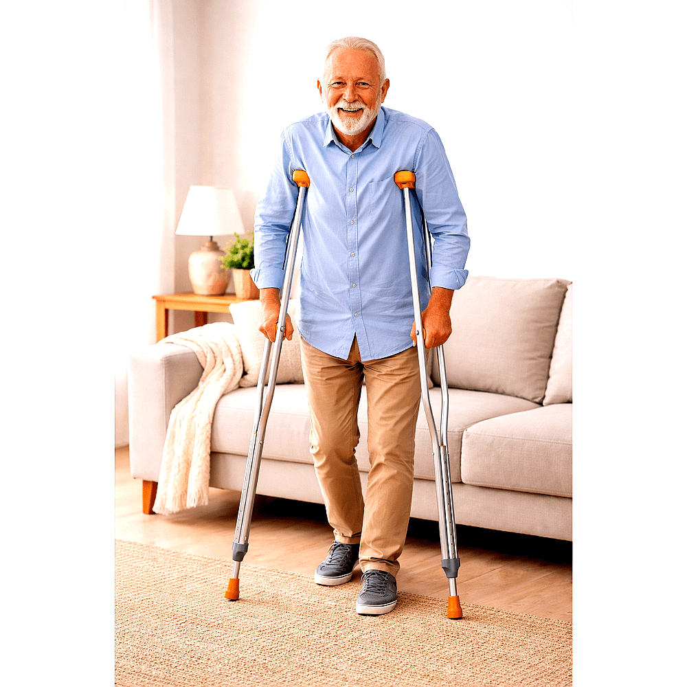 Elderly man using axillary crutches for walking support at home